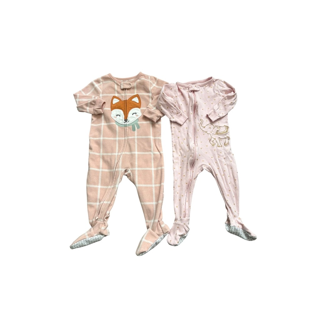Carter's 12M Footed Sleeper Pajama Lot Pink‎ Fox Elephant Zip Fleece Girls